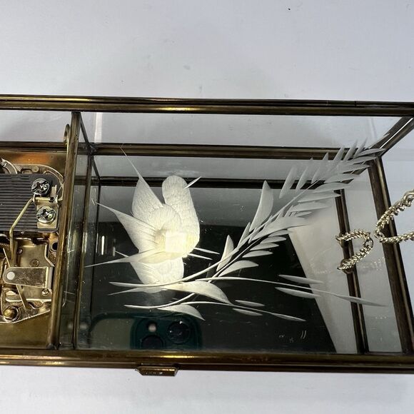 Music Box Trinket Box Made Of Glass And Brass With Etched Bird‎ Lara’s Theme VTG - Picture 4 of 13